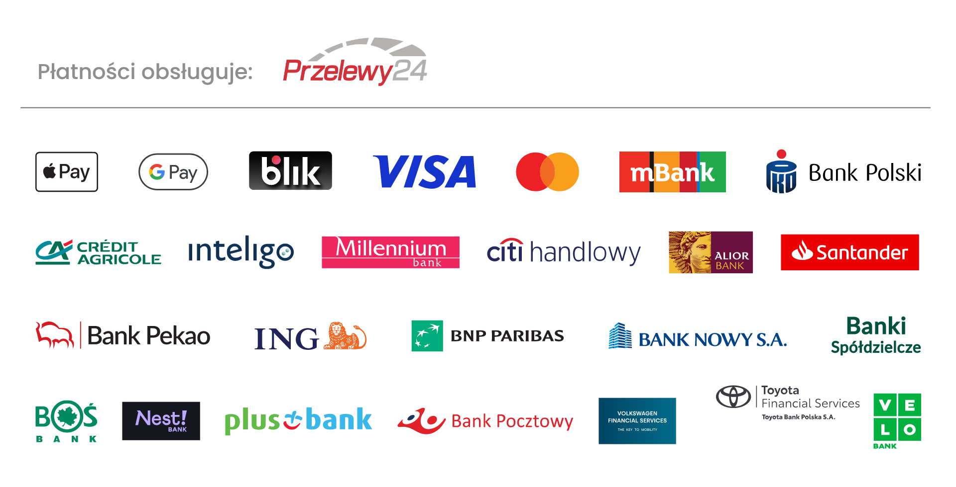 Płatności obsługuje Przelewy24: Apple Pay, Google Pay, BLIK, Visa, Mastercard i przelewy bankowe.